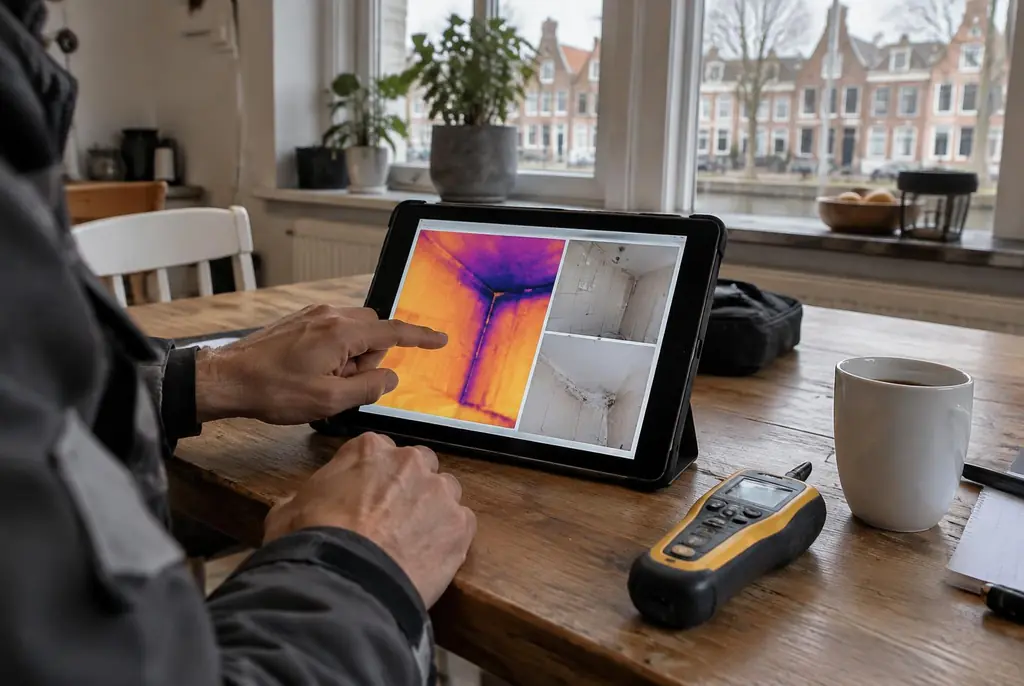 Lekdetectie Westervoort – lekdetectierapport met warmtebeelden en foto's op een tablet