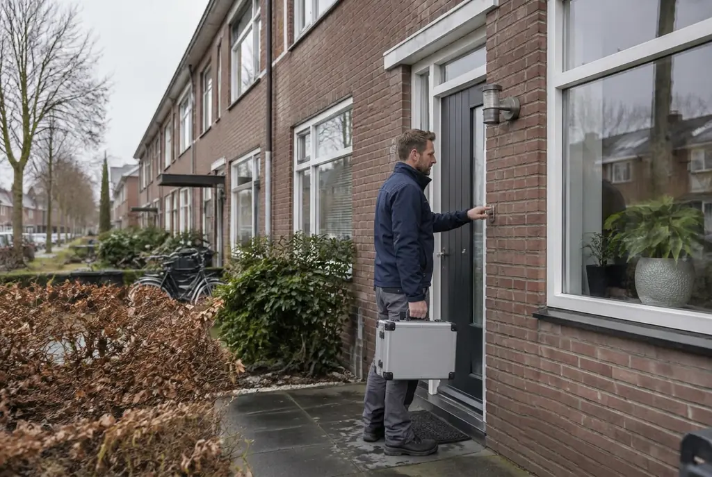 Lekdetectiespecialist met meetkoffer bij de voordeur van een woning in Westervoort